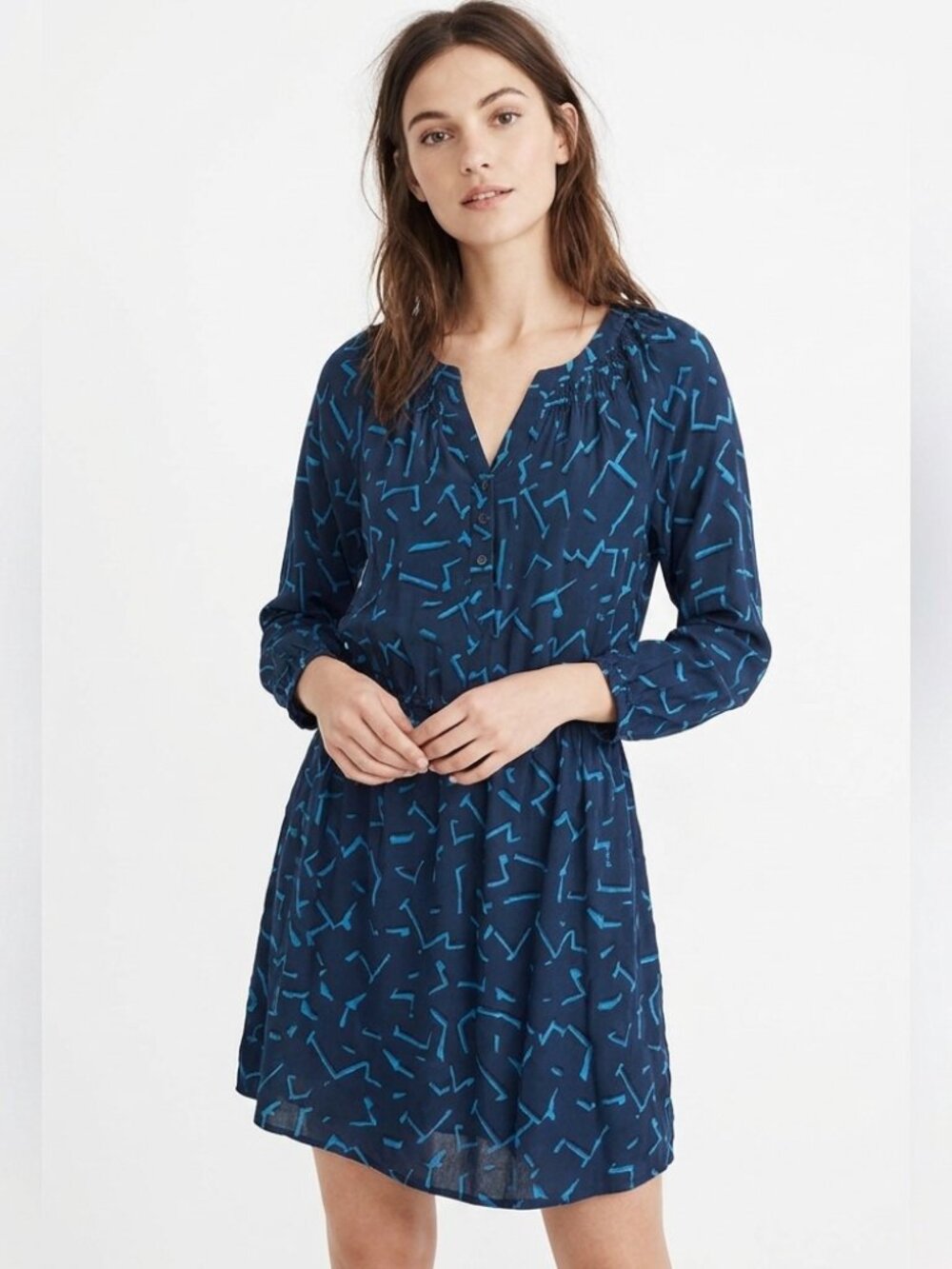 Shoshanna Abstract V-Neck 3/4 Sleeve Dress Gray Blue Size 8